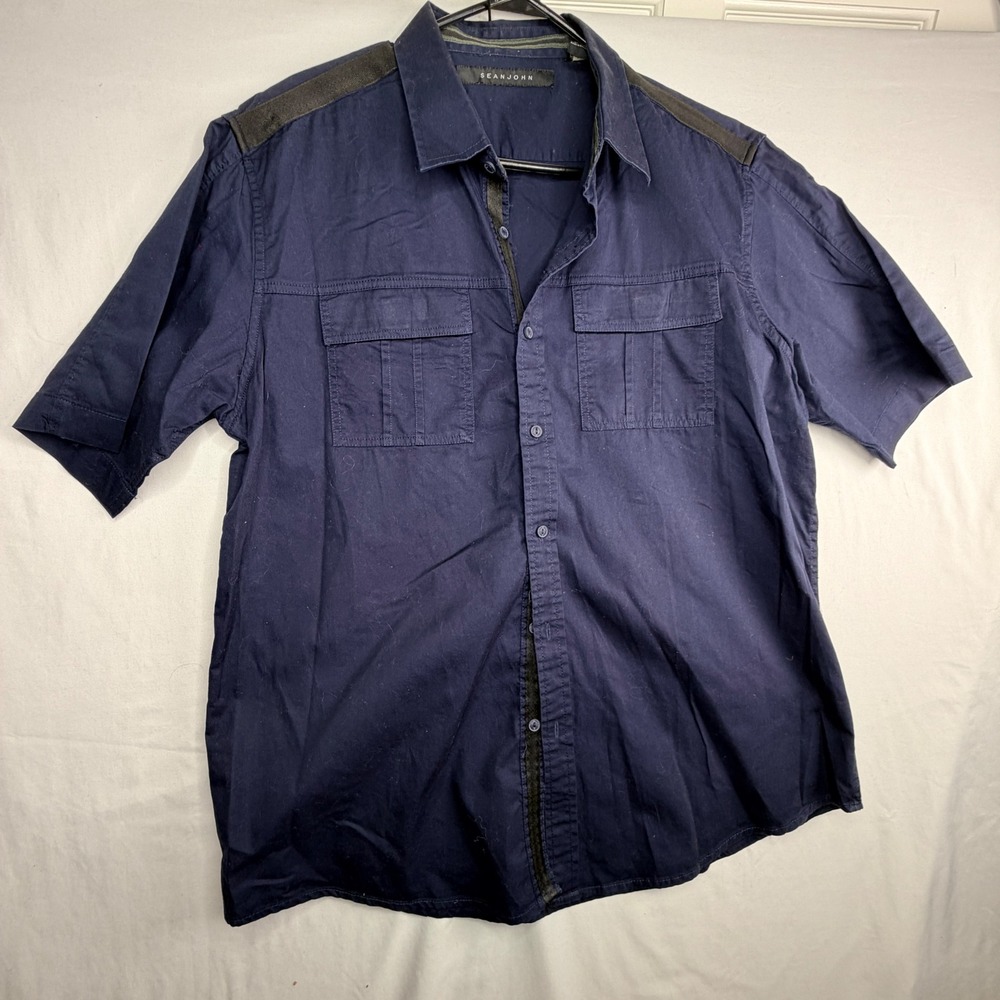 Sean John Button Down Shirt 2XL Navy Blue Short Sleeve Utility Contrast Trim
